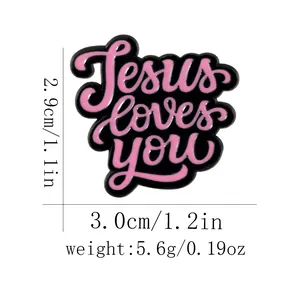 Detail showing dimensions of Jesus Loves You heart enamel pin, 3.0cm width and 5.6g weight