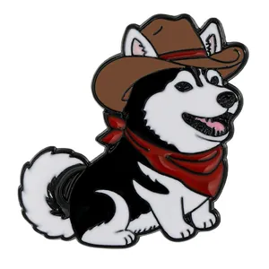 Süße Husky-Emaillenadel mit Cowboyhut und rotem Schal für Kleidung oder Taschen