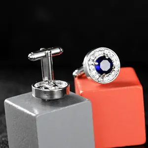 Classic silver round cufflinks with deep blue sapphire zircon and micro-pave crystal halo