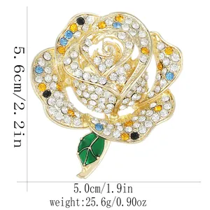 Detailed dimensions of the rose brooch with colorful crystals and green enamel leaf