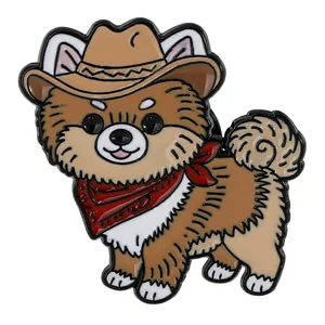 Niedliche Cartoon-Hunde-Emaille-Anstecknadel mit Welpen, rotem Halstuch und Cowboyhut