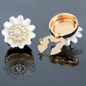 Detailed macro view of daisy-shaped button covers with crystal rhinestones and gold plating