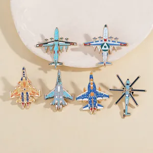 Set of six colorful military aircraft enamel pins featuring fighter jets and helicopters
