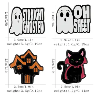 Detailed view of 4-piece Halloween enamel pins set including ghost, black cat, and haunted house