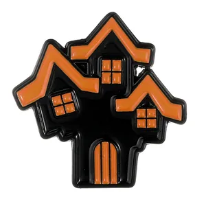 Spooky Halloween haunted house enamel pin in black and orange alloy for festival decoration