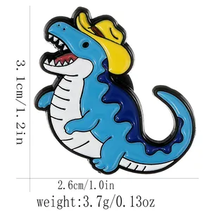 Dimensioni dettagliate della spilla smaltata a forma di dinosauro blu con cappello