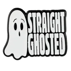 Enamel ghost pin with Straight Ghosted text for Halloween minimalist fashion accessories