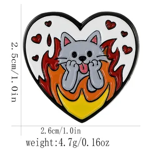 Détails de taille et poids d'un badge émaillé en forme de cœur avec chat de feu