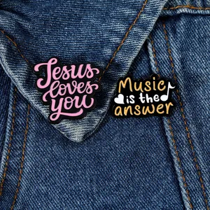 Fashion Enamel Alloy Brooch Pin Jesus Loves You Music Is The Answer Text Design Badge Jewelry Accessory For Men Women Clothes Bag