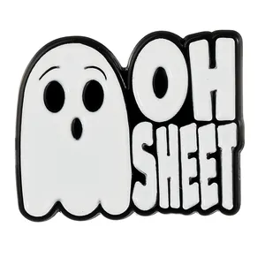 Ghost enamel pin with OH SHEET pun text on a minimalist Halloween creative badge