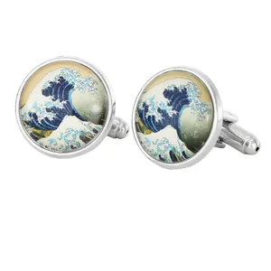 Boutons de manchette ronds Grande Vague de Kanagawa en argent poli et dôme verre