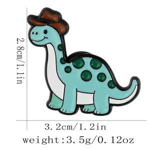 Dettaglio della spilla in smalto a forma di dinosauro con misure e specifiche peso