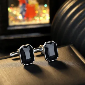 Elegant men's silver cufflinks with rectangular black onyx stone and zircon details