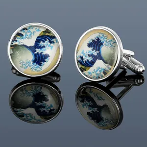Boutons de Manchette Homme Ronds en Cuivre et Verre Art Vague La Grande Vague de Kanagawa Ton Argent Accessoires Chemise Business