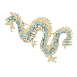 Vintage Gothic Punk Dragon Shaped Alloy Brooch For Men Women Luxury Inlaid Blue White Rhinestone Golden Lapel Pin Jewelry Gift