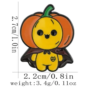 Detail of cute yellow pumpkin ghost enamel pin with black cape showing 2.7cm height size