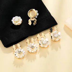 Set of 6 magnetic camellia flower hijab pins with pearls and crystals on gold alloy