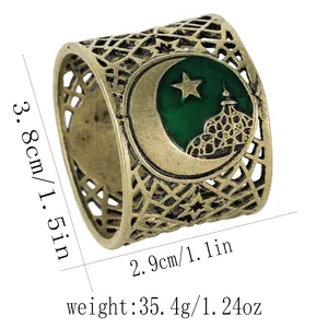 Detailed dimensions of a vintage gold alloy napkin ring with green enamel mosque patterns