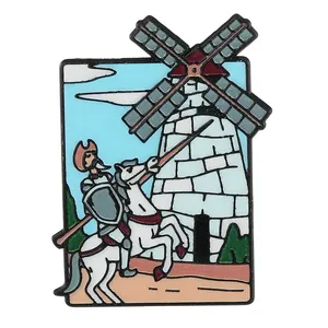Detailed enamel pin depicting Don Quixote on a white horse charging towards a windmill