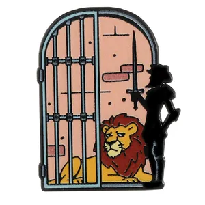 Detail of fairy tale enamel brooch featuring a sad lion and knight silhouette design