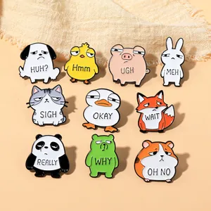 Set of 10 funny animal enamel pins with humorous facial expressions and English captions