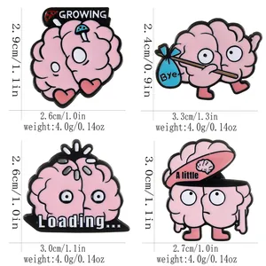 Detailed four-grid view showing funny pink brain enamel pins with various witty captions