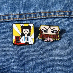 Miserable Faith enamel pin set with Nezha graphic on dark denim background