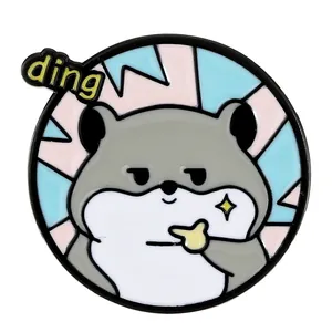 Cartoon enamel pin with a cute gray chinchilla doing a gesture on a geometric background