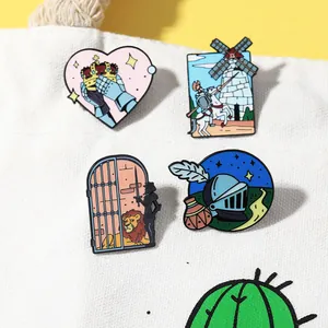 Creative enamel pin set featuring fairy tale heart windmill and knight designs on canvas