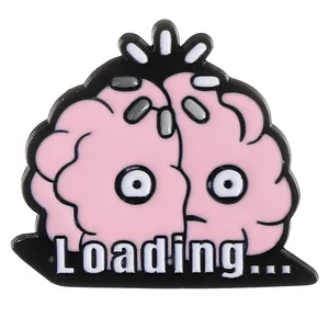 Funny pink cartoon brain enamel pin with Loading text for backpack decoration