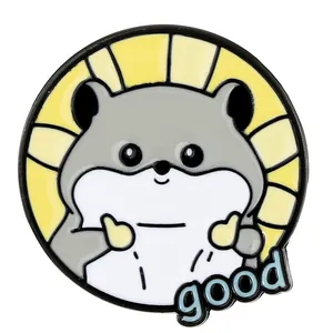 Cartoon grey hamster enamel pin with thumbs up and good text on white background