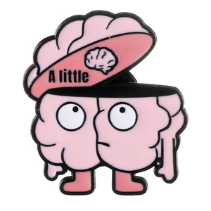Funny pink brain enamel pin with loading design and 'A little' text for backpack decoration