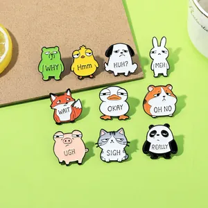 Funny animal enamel pins set with moody expressions like Fox Rabbit and Panda icons