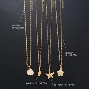 Four-piece gold starfish and pearl necklace set with sea shells and flower pendants