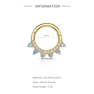 Detailed view of an 8mm gold S925 silver nose ring featuring dual-row zircon stones