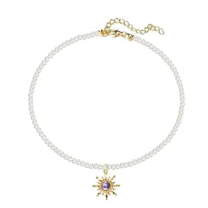 Collier Pendentif Soleil Vintage Avec Künstliche Perle d'Imitation Améthyste Naturelle Aventurine Verte Éclats Chaîne Femme Bijoux