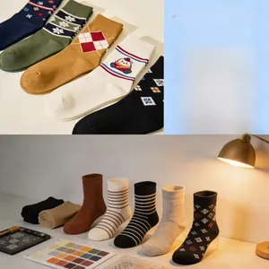 Detailed knit texture of butterfly and cat jacquard crew socks in varied patterns