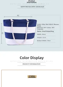 Detail view of blue striped canvas tote with size 46x32x14cm and cotton rope handles
