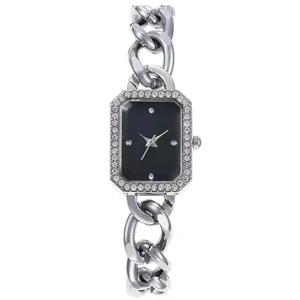 Montre femme à cadran carré avec strass étincelants et bracelet chaîne cubaine argentée