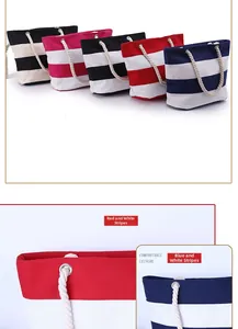 Detail of multi-color striped canvas tote bags with thick rope handles and spacious interior