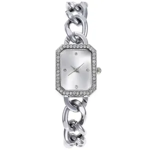 Montre femme argentée octogonale avec lunette en cristaux et bracelet à maillons épais
