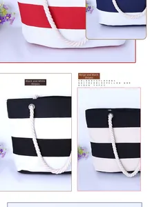 Detailed close-up of stripe pattern canvas tote bags with thick cotton rope handles