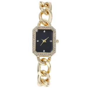 Montre à quartz rectangulaire pour femme avec lunette en diamant et bracelet chaîne dorée