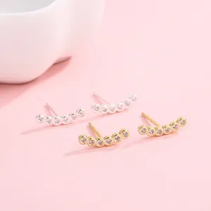 Minimalist S925 silver curved bar earrings with 6 sparkling zircons in gold and silver