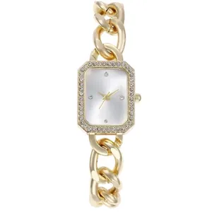 Montre dorée élégante pour femme avec lunette en cristal et bracelet chaîne épaisse