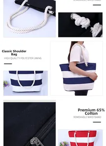 Detail showing 65% cotton fabric, striped canvas pattern, and durable thick rope handle