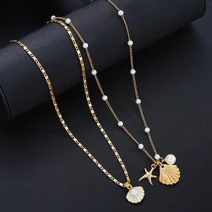 Detailed view of gold ocean necklaces with seashells and pearls on black jewelry stand