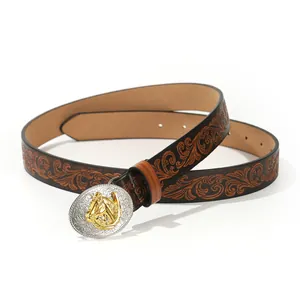 Retro American PU leather belt with Western floral embossing and golden horse head buckle