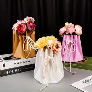 Sacs à fleurs hexagonaux imperméables en kaki blanc et rose avec poignées en coton