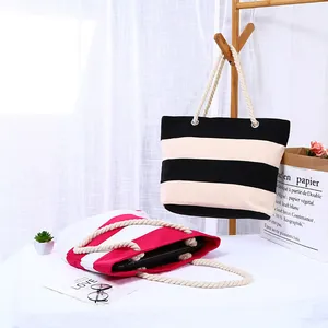 Striped canvas tote bags with thick cotton rope handles and large interior capacity